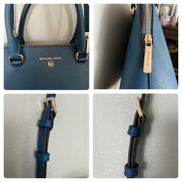 MICHAEL KORS Cindy Large Dome Crossgrain Blue Chambray Leather Satchel Purse Bag - Picture 11 of 14